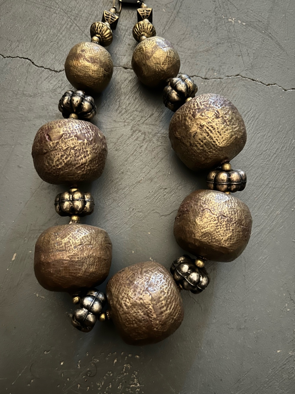 Chunky Textured Brass Tone Brown Statement Necklace